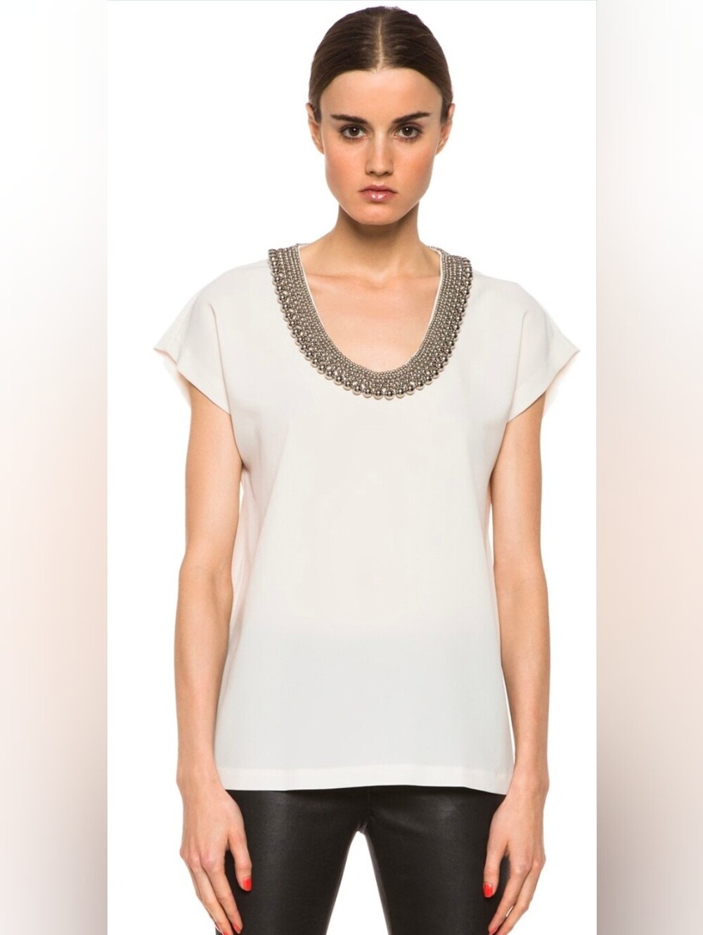 Vintage Diane von Furstenberg Acedia Silver Ball Top Short Sleeve Ivory Sz Large